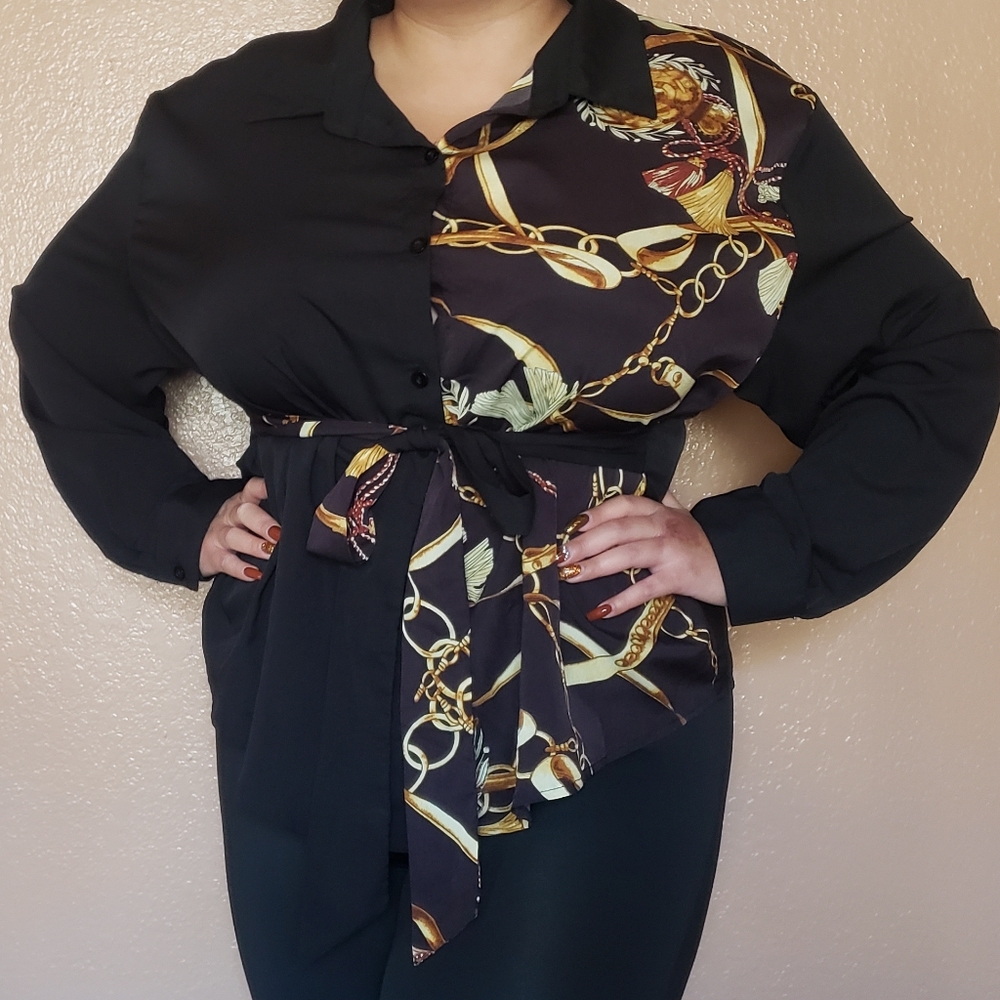 Shein Chain Print Tie Front Blouse - Size 3XL